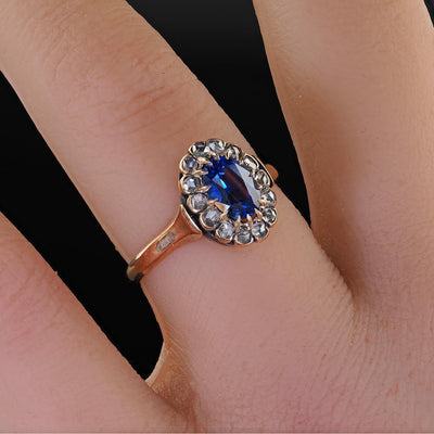 Antique Victorian 18K Rose Gold Sapphire and Diamond Engagement Ring - GIA