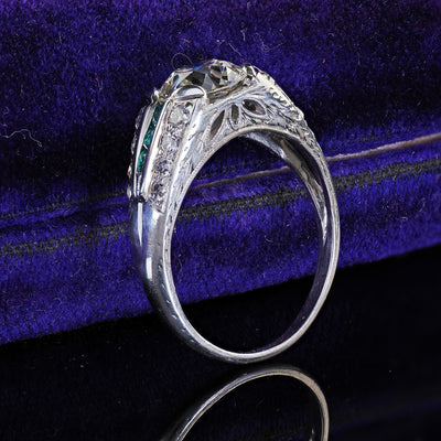 Antique Art Deco Platinum Old Euro Diamond and Emerald Engagement Ring - GIA