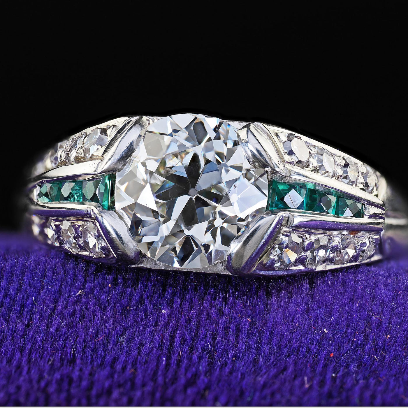 Antique Art Deco Platinum Old Euro Diamond and Emerald Engagement Ring - GIA