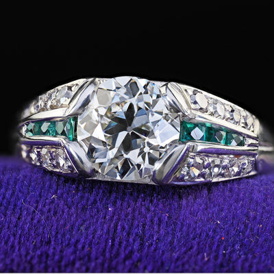 Antique Art Deco Platinum Old Euro Diamond and Emerald Engagement Ring - GIA