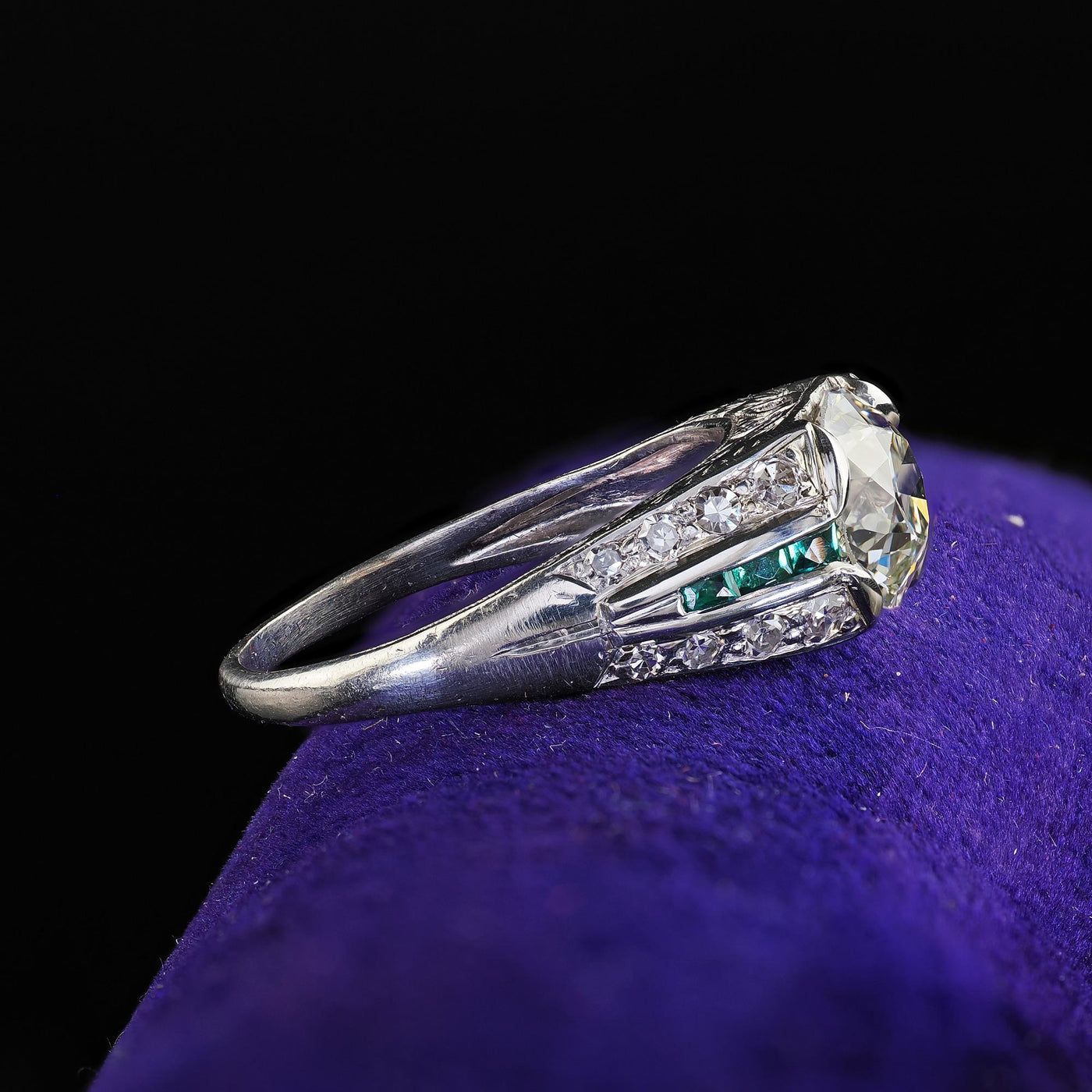 Antique Art Deco Platinum Old Euro Diamond and Emerald Engagement Ring - GIA