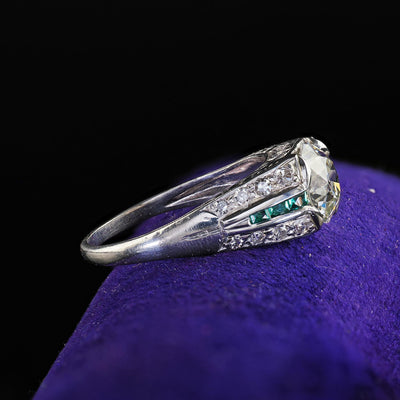 Antique Art Deco Platinum Old Euro Diamond and Emerald Engagement Ring - GIA