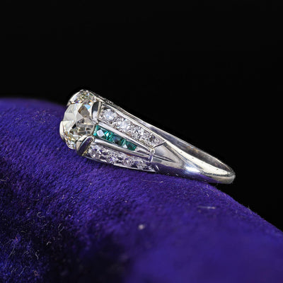 Antique Art Deco Platinum Old Euro Diamond and Emerald Engagement Ring - GIA