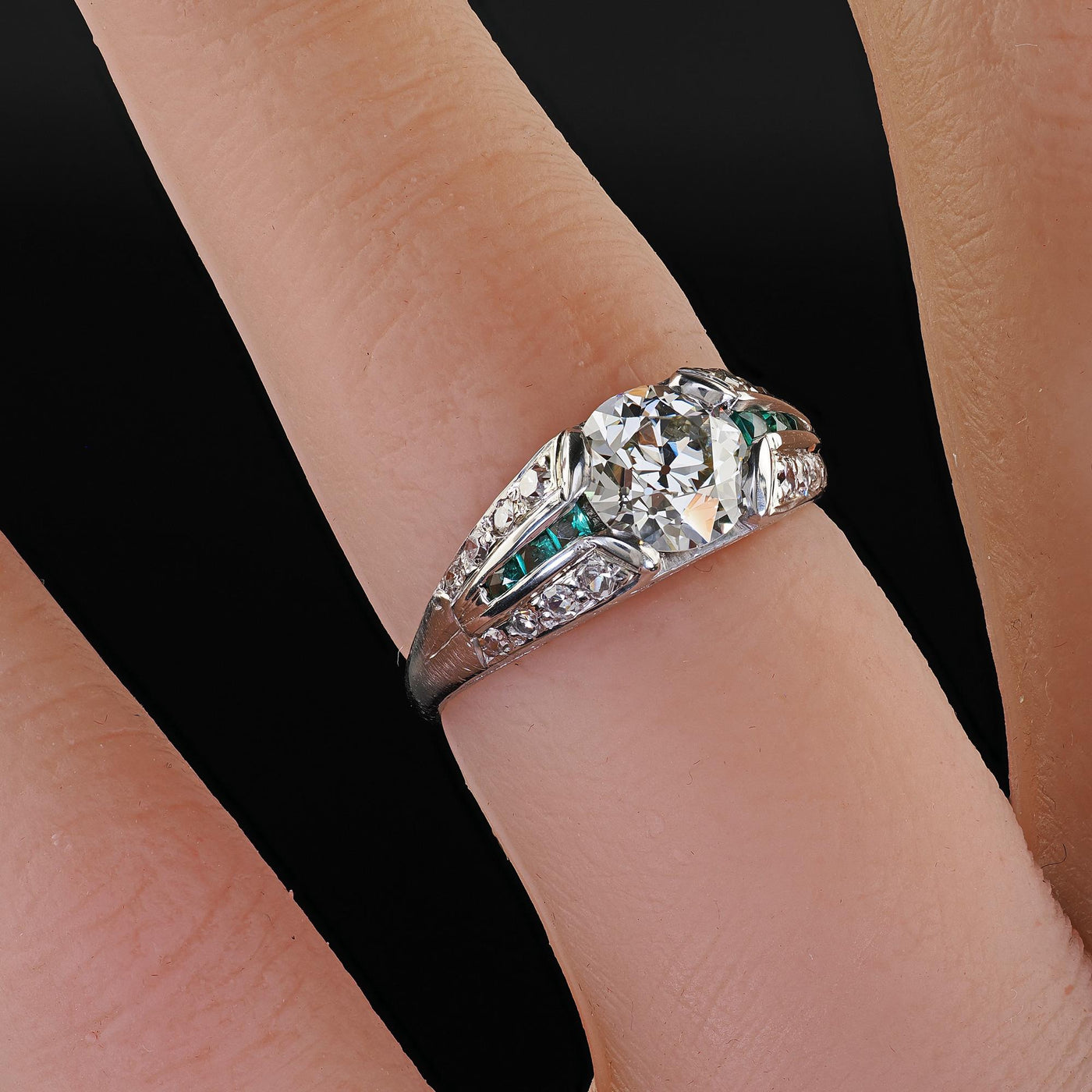 Antique Art Deco Platinum Old Euro Diamond and Emerald Engagement Ring - GIA