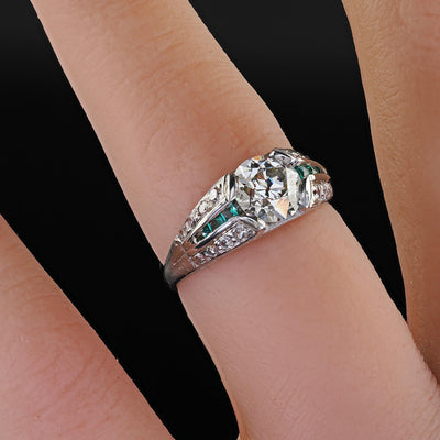 Antique Art Deco Platinum Old Euro Diamond and Emerald Engagement Ring - GIA