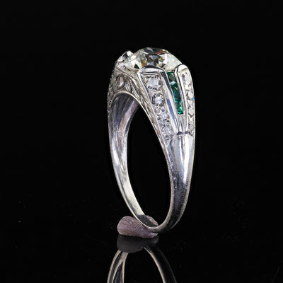 Antique Art Deco Platinum Old Euro Diamond and Emerald Engagement Ring - GIA