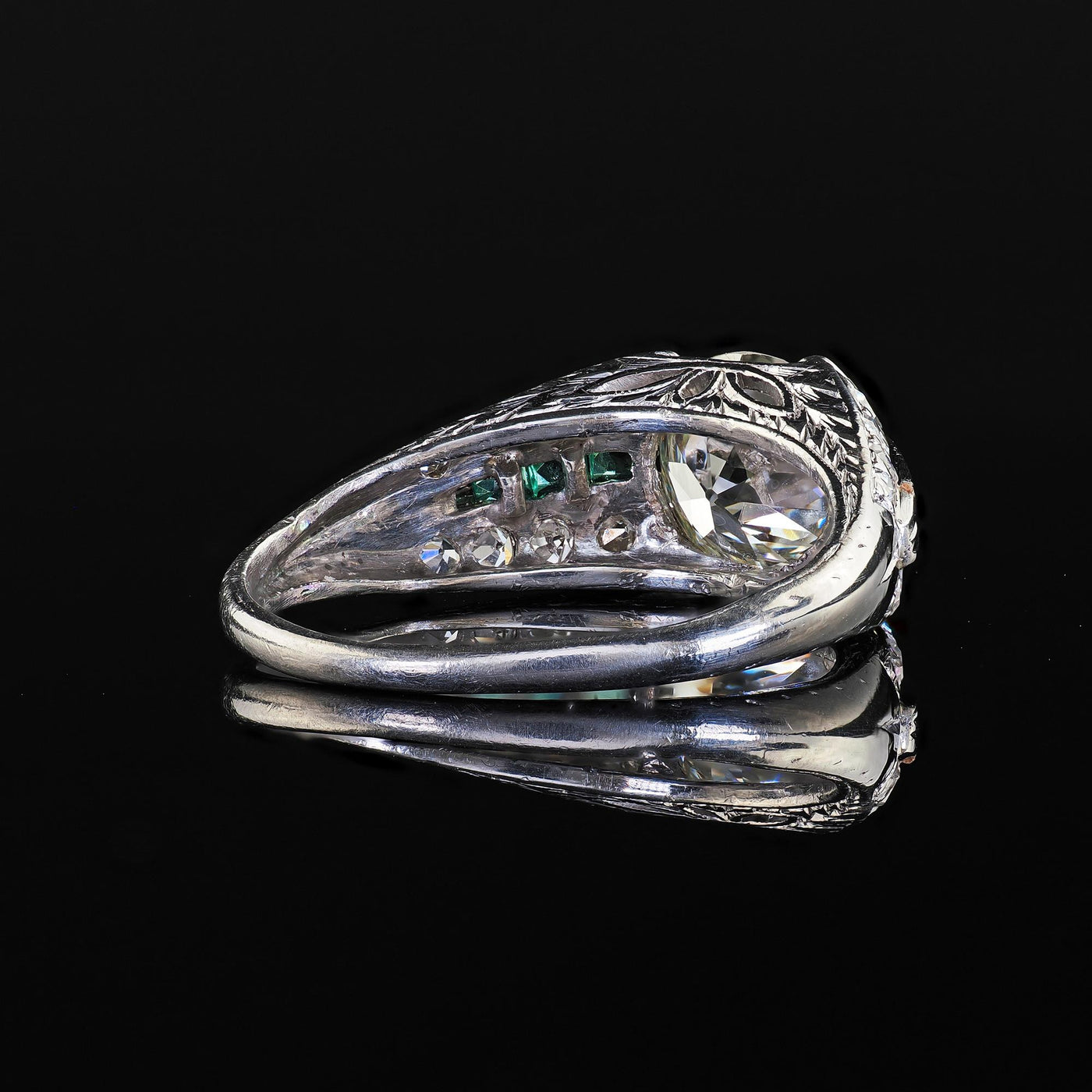 Antique Art Deco Platinum Old Euro Diamond and Emerald Engagement Ring - GIA