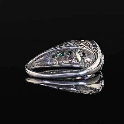 Antique Art Deco Platinum Old Euro Diamond and Emerald Engagement Ring - GIA
