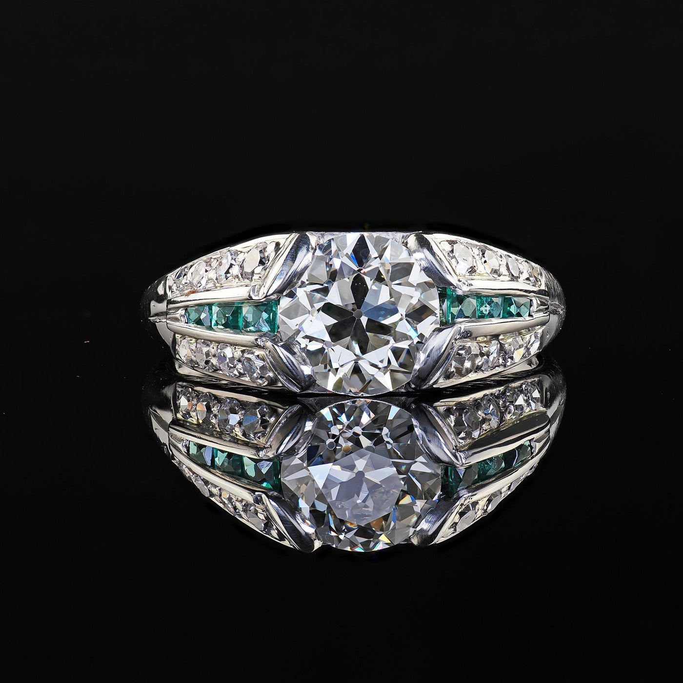 Antique Art Deco Platinum Old Euro Diamond and Emerald Engagement Ring - GIA