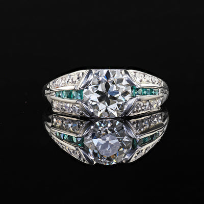 Antique Art Deco Platinum Old Euro Diamond and Emerald Engagement Ring - GIA