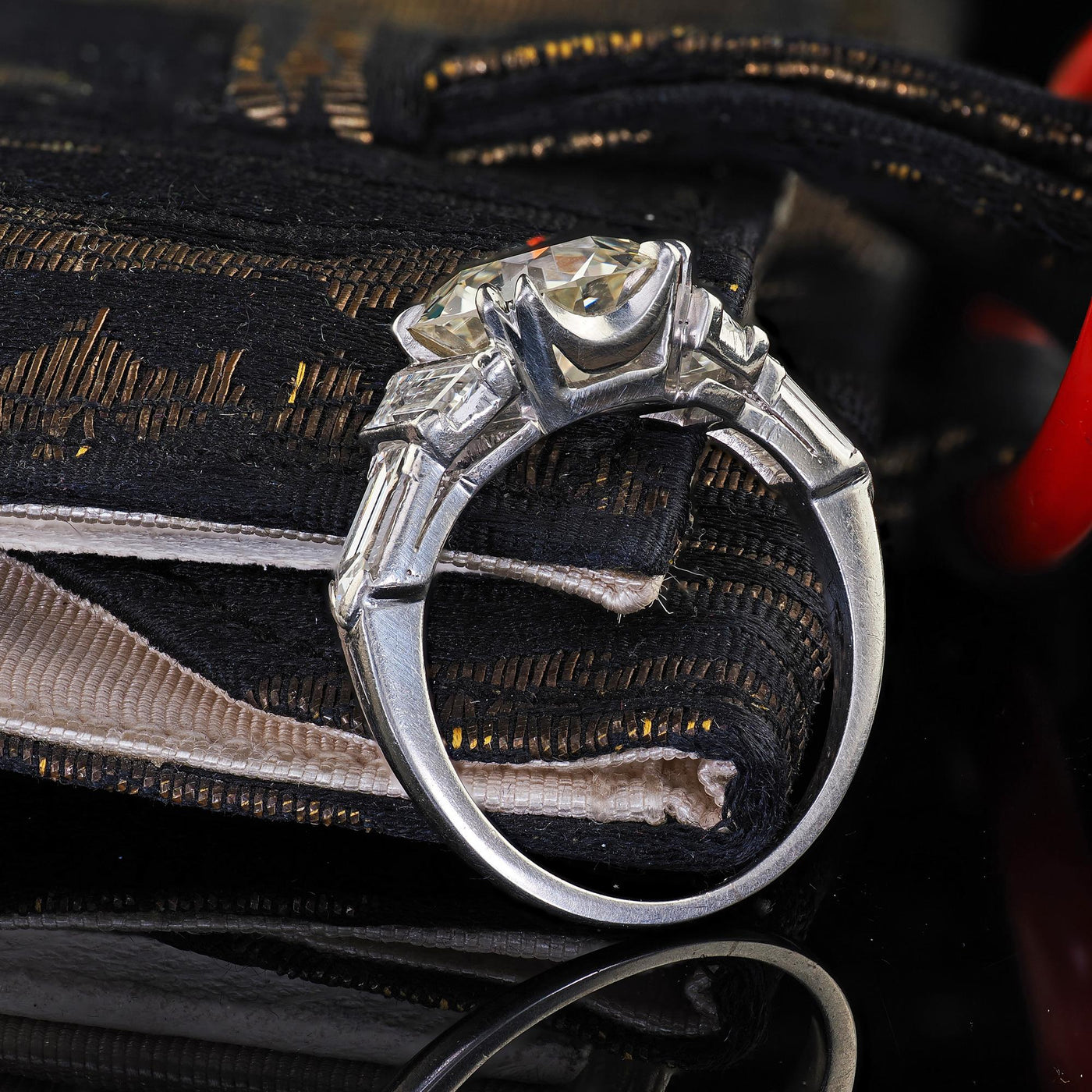 Antique Art Deco Platinum Old Euro Diamond Bullet Cut Engagement Ring - GIA