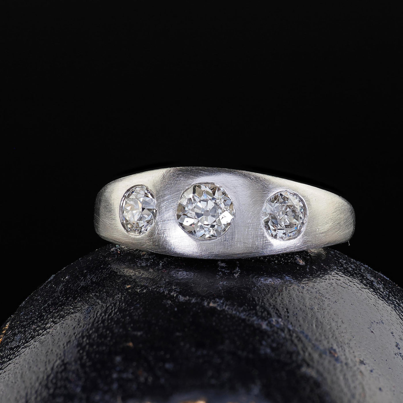 Antique Platinum Old European Cut Diamond Three Stone Flush Set Ring
