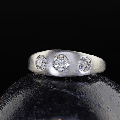 Antique Platinum Old European Cut Diamond Three Stone Flush Set Ring