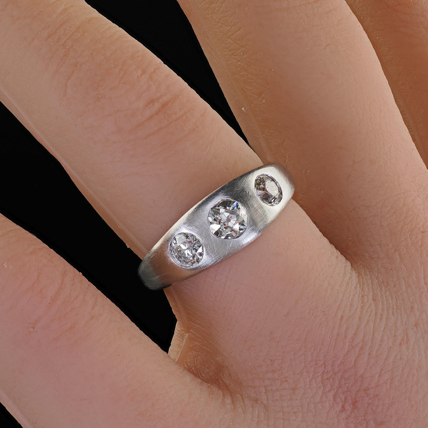 Antique Platinum Old European Cut Diamond Three Stone Flush Set Ring