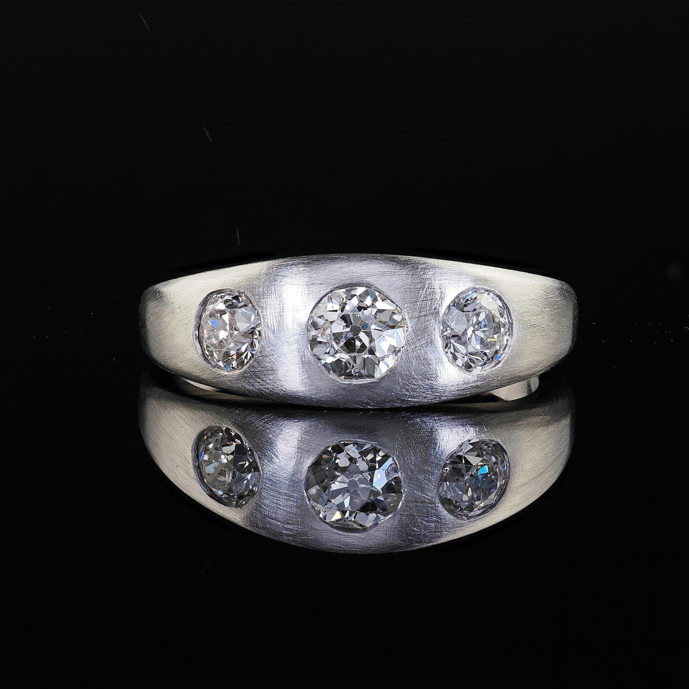 Antique Platinum Old European Cut Diamond Three Stone Flush Set Ring