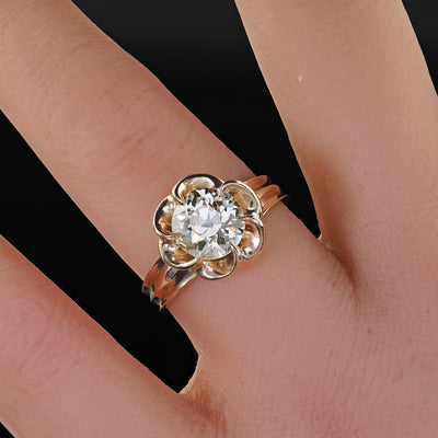 Vintage Estate 14K Yellow Gold Old Euro Cut Diamond Floral Engagement Ring - GIA