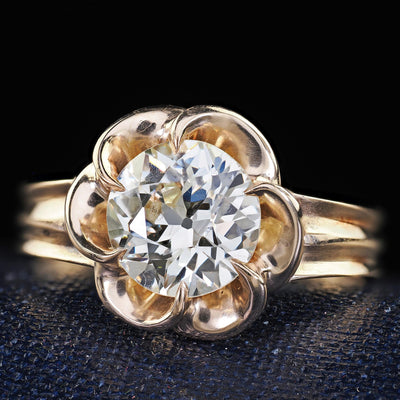 Vintage Estate 14K Yellow Gold Old Euro Cut Diamond Floral Engagement Ring - GIA