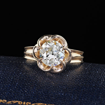 Vintage Estate 14K Yellow Gold Old Euro Cut Diamond Floral Engagement Ring - GIA
