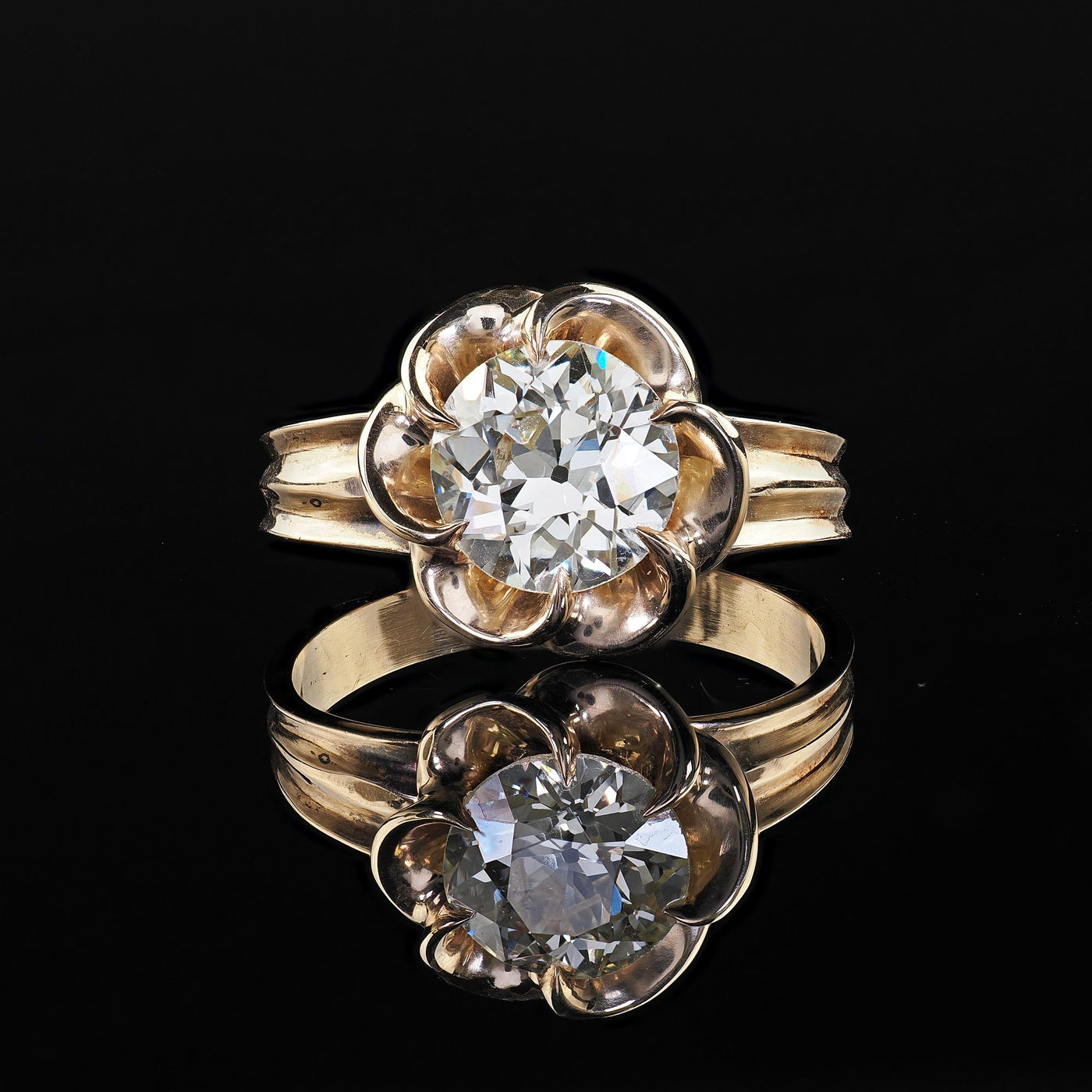 Vintage Estate 14K Yellow Gold Old Euro Cut Diamond Floral Engagement Ring - GIA