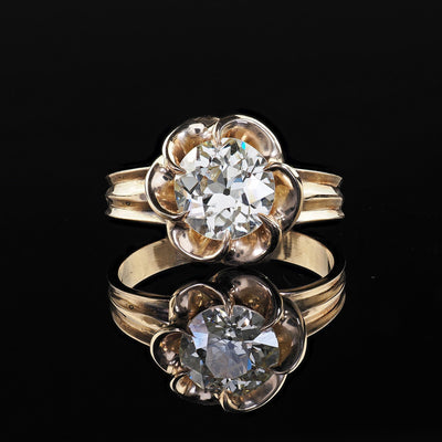 Vintage Estate 14K Yellow Gold Old Euro Cut Diamond Floral Engagement Ring - GIA