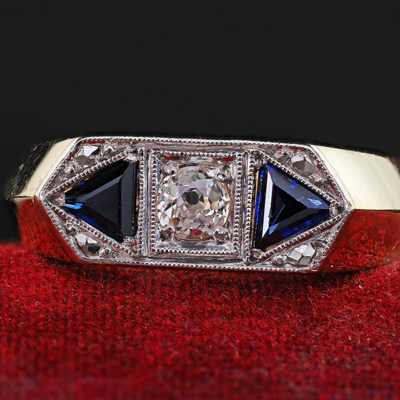 Vintage Estate 14K Yellow Gold Old Mine Diamond and Sapphire Three Stone Ring