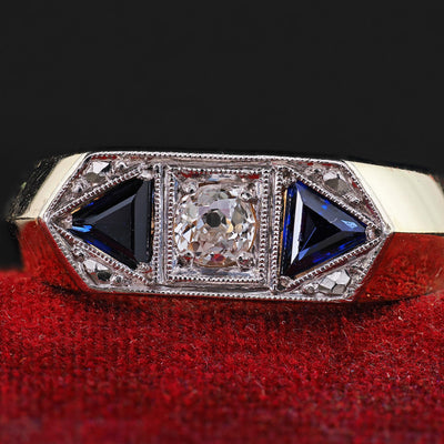 Vintage Estate 14K Yellow Gold Old Mine Diamond and Sapphire Three Stone Ring