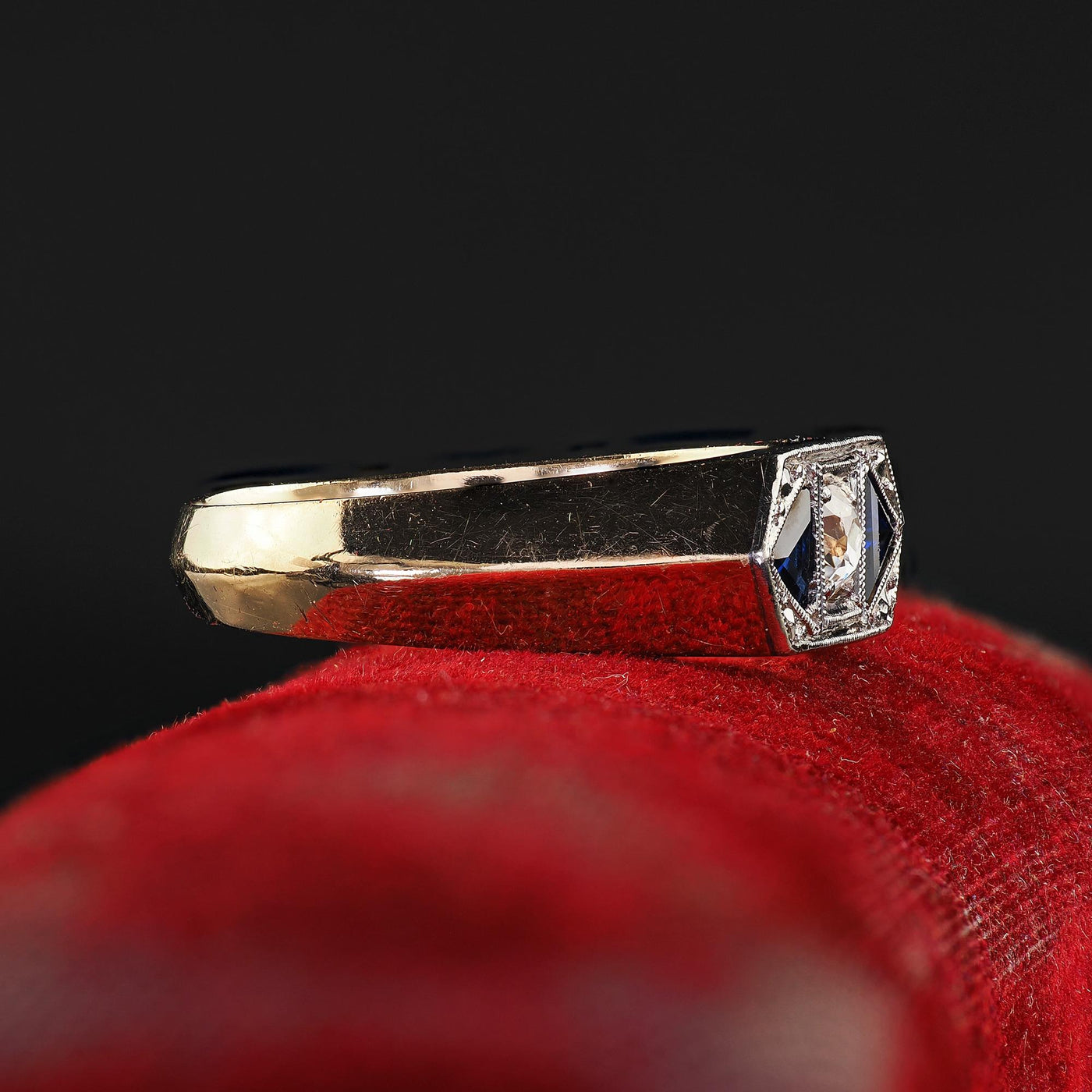 Vintage Estate 14K Yellow Gold Old Mine Diamond and Sapphire Three Stone Ring