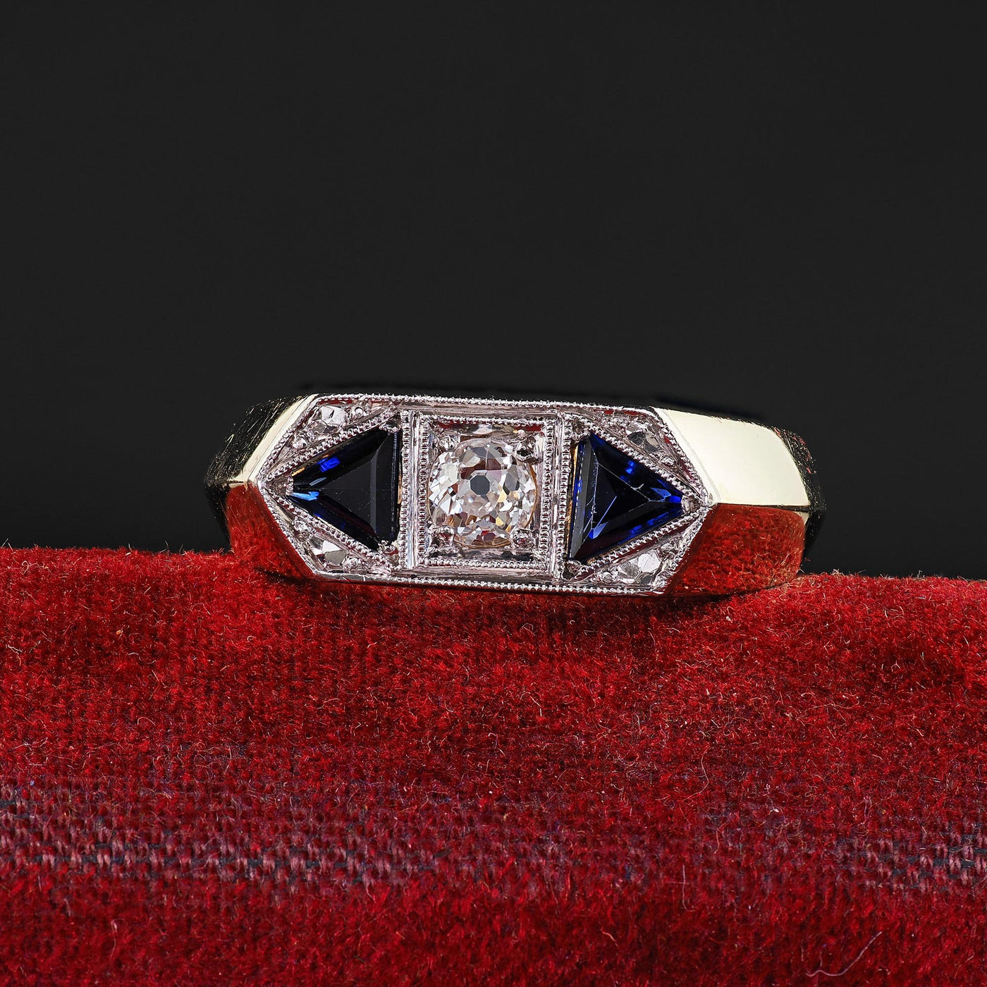 Vintage Estate 14K Yellow Gold Old Mine Diamond and Sapphire Three Stone Ring