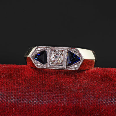 Vintage Estate 14K Yellow Gold Old Mine Diamond and Sapphire Three Stone Ring
