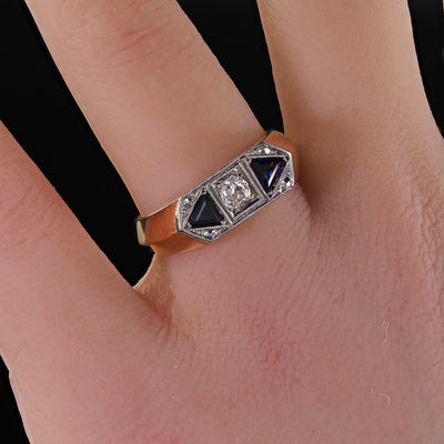 Vintage Estate 14K Yellow Gold Old Mine Diamond and Sapphire Three Stone Ring