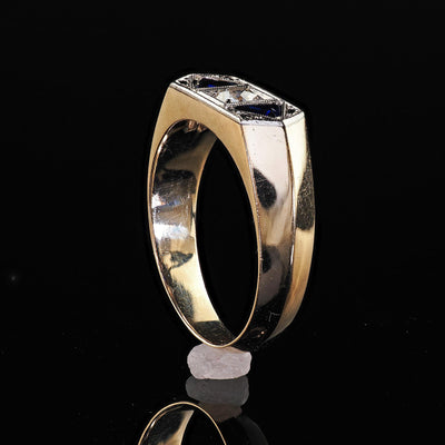 Vintage Estate 14K Yellow Gold Old Mine Diamond and Sapphire Three Stone Ring