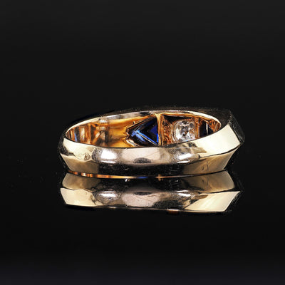 Vintage Estate 14K Yellow Gold Old Mine Diamond and Sapphire Three Stone Ring