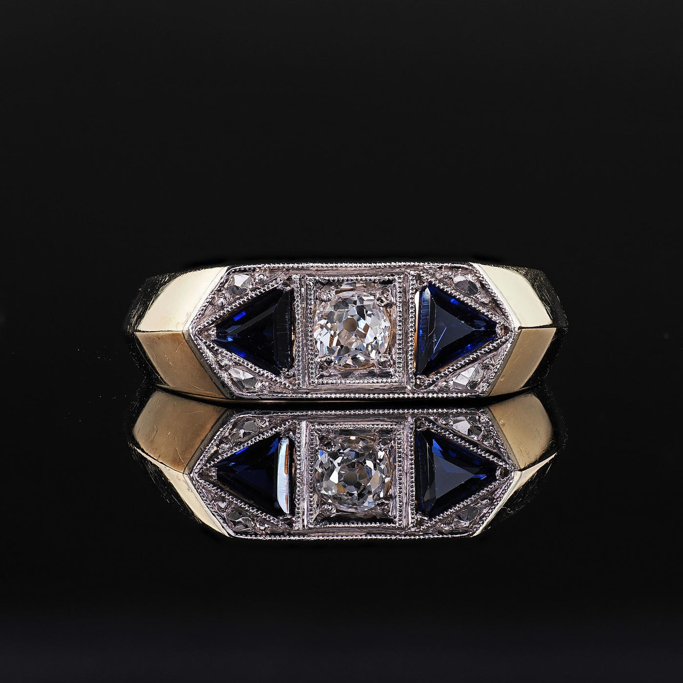 Vintage Estate 14K Yellow Gold Old Mine Diamond and Sapphire Three Stone Ring