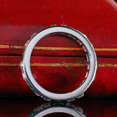 Antique Art Deco Platinum Old Mine Diamond and Emerald Eternity Wedding Band
