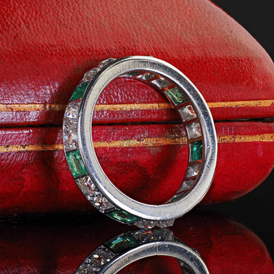Antique Art Deco Platinum Old Mine Diamond and Emerald Eternity Wedding Band