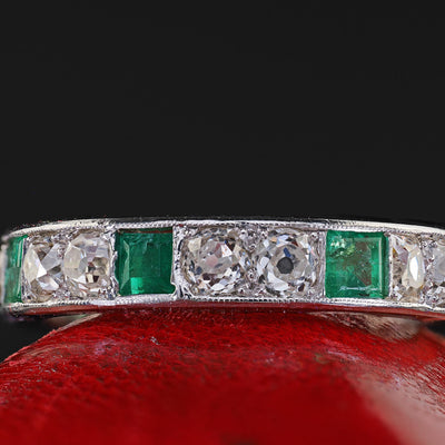 Antique Art Deco Platinum Old Mine Diamond and Emerald Eternity Wedding Band