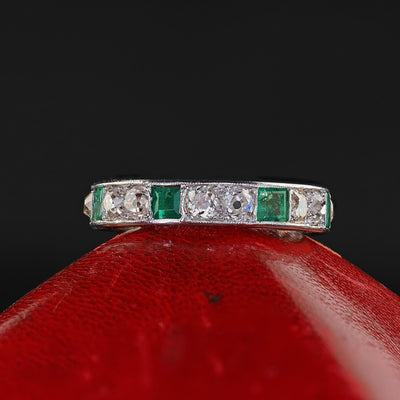 Antique Art Deco Platinum Old Mine Diamond and Emerald Eternity Wedding Band