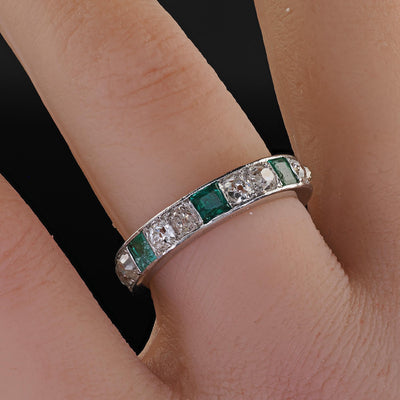 Antique Art Deco Platinum Old Mine Diamond and Emerald Eternity Wedding Band