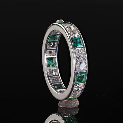 Antique Art Deco Platinum Old Mine Diamond and Emerald Eternity Wedding Band