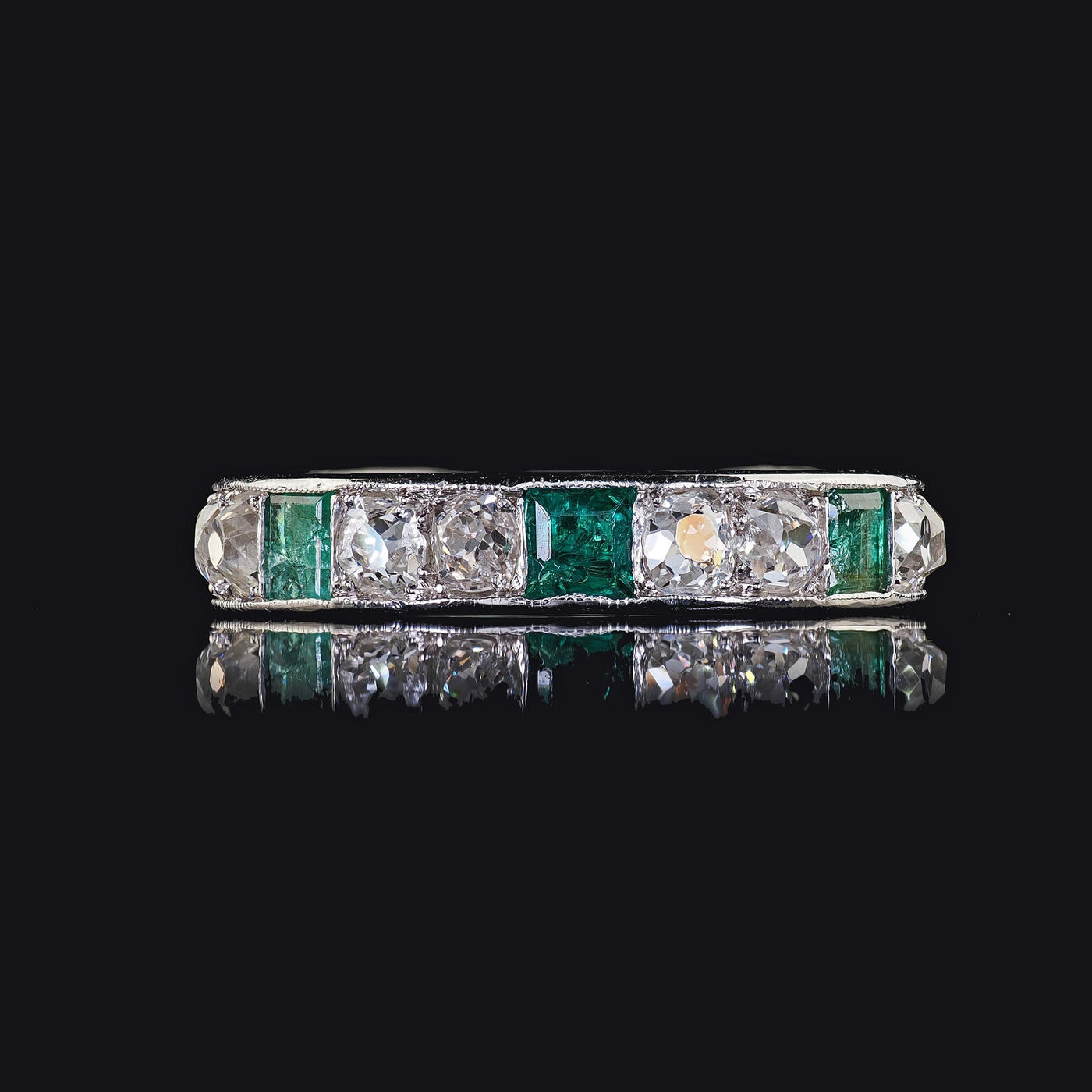 Antique Art Deco Platinum Old Mine Diamond and Emerald Eternity Wedding Band