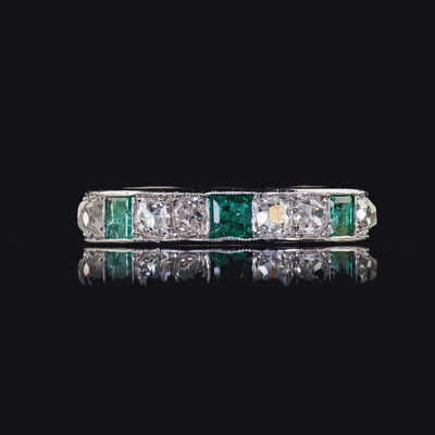 Antique Art Deco Platinum Old Mine Diamond and Emerald Eternity Wedding Band