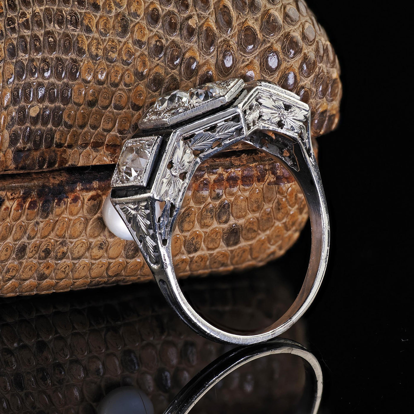 Antique Art Deco Platinum Old Euro Diamond Enamel Three Stone Cluster Ring