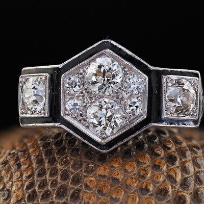 Antique Art Deco Platinum Old Euro Diamond Enamel Three Stone Cluster Ring