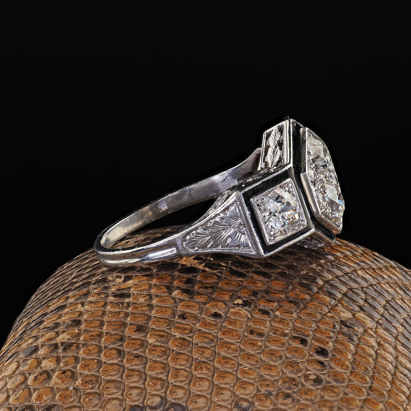 Antique Art Deco Platinum Old Euro Diamond Enamel Three Stone Cluster Ring