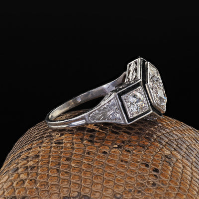 Antique Art Deco Platinum Old Euro Diamond Enamel Three Stone Cluster Ring