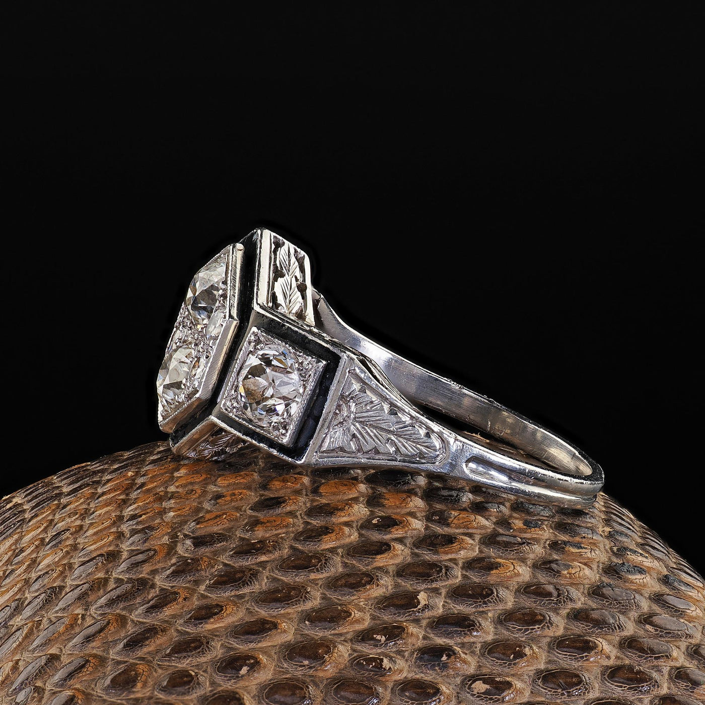 Antique Art Deco Platinum Old Euro Diamond Enamel Three Stone Cluster Ring