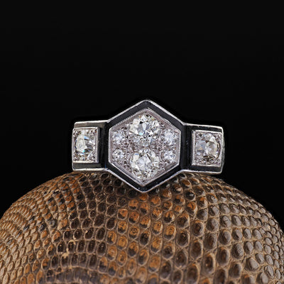 Antique Art Deco Platinum Old Euro Diamond Enamel Three Stone Cluster Ring