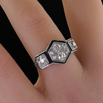 Antique Art Deco Platinum Old Euro Diamond Enamel Three Stone Cluster Ring