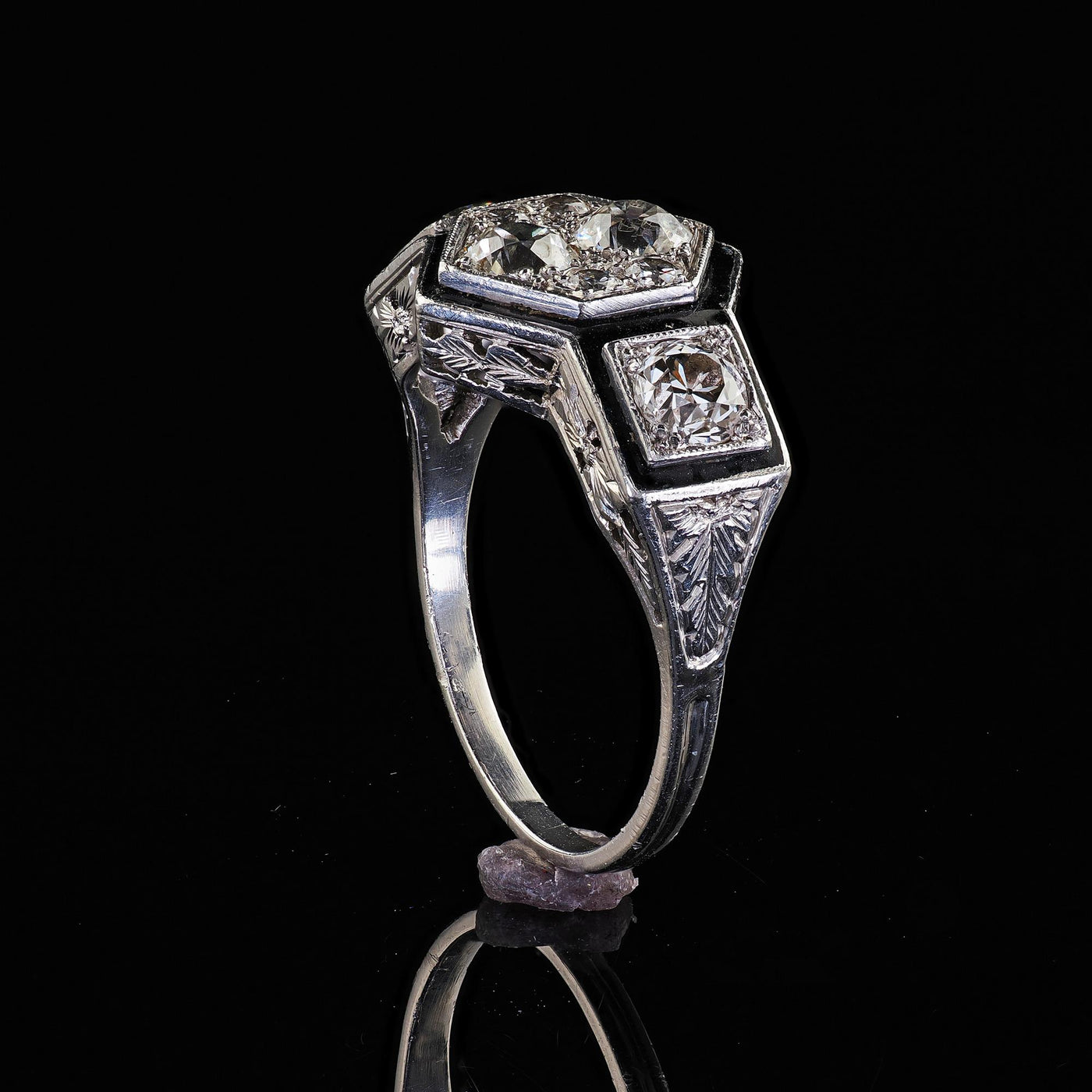 Antique Art Deco Platinum Old Euro Diamond Enamel Three Stone Cluster Ring