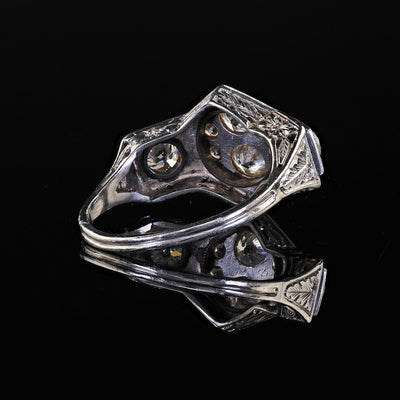 Antique Art Deco Platinum Old Euro Diamond Enamel Three Stone Cluster Ring